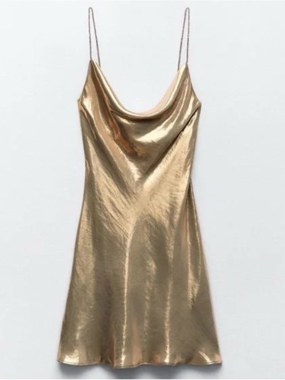 Zara Liquid Gold Metallic Rhinestone Strap Mini Dress